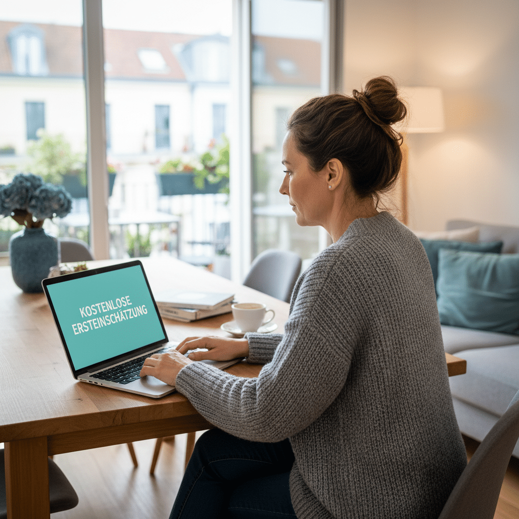Eine Frau sitzt an einem Holztisch und tippt auf einem Laptop, dessen Bildschirm den Text „KOSTENLOSE ERSTEINSCHÄTZUNG“ zeigt.